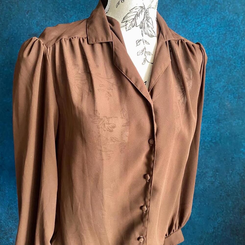 80s Pierre Lamonte of California Brown Blouse Flowy Light Sheer Cottagecore